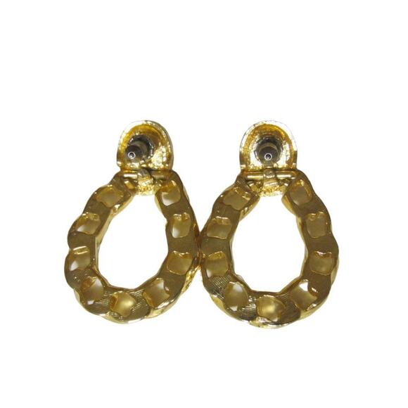 Gold Chain Hoop Statement Earrings Red Cabochon Clip-On Retro 80s - Picture 4 of 7